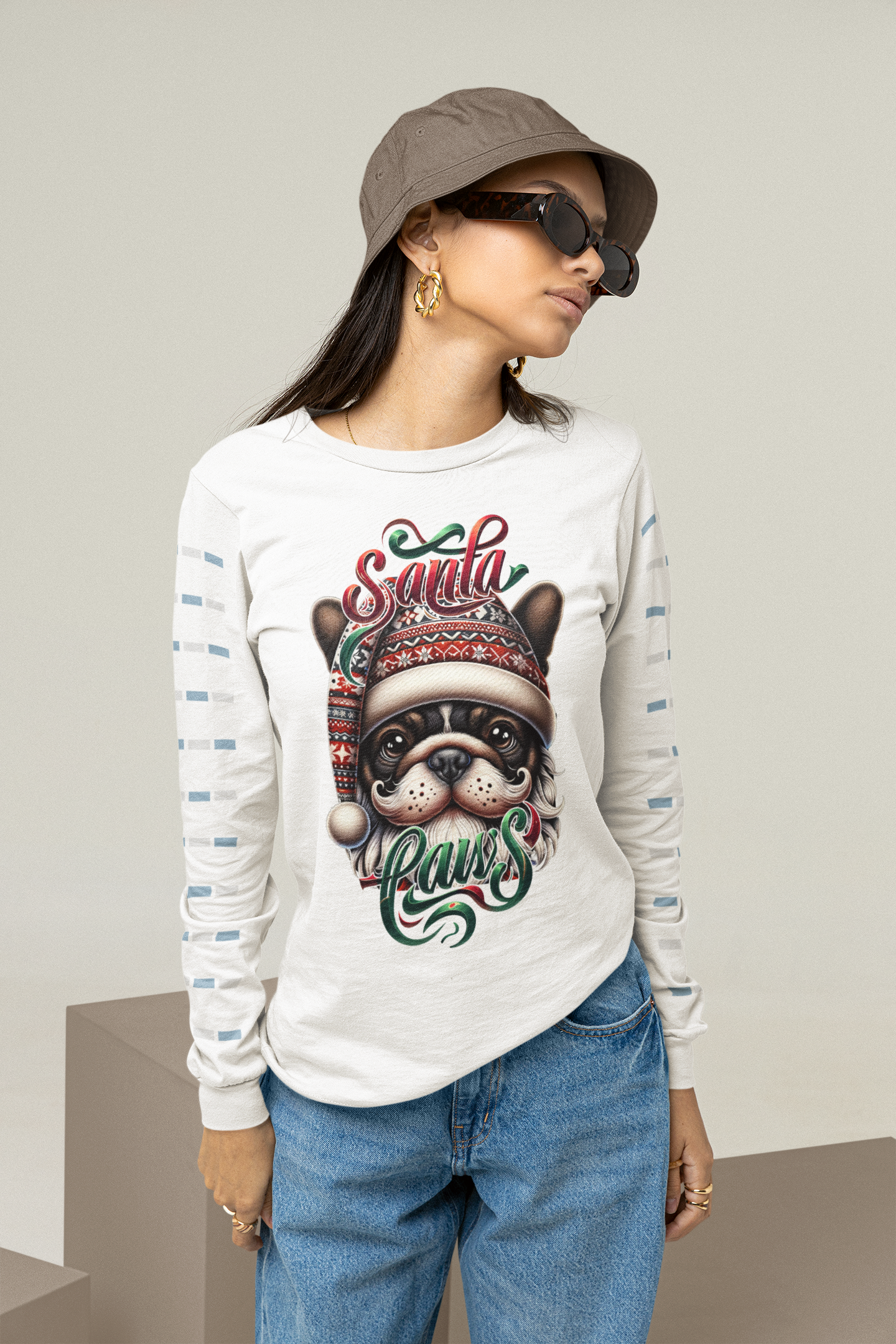 Santa Paws Long Sleeve Tee -Boxer Design - 100% Cotton - USA Made - Holiday Party Favorites