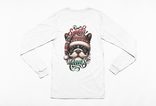 Santa Paws Long Sleeve Tee -Frenchie French Bulldog Design - 100% Cotton - USA Made - Holiday Party Favorites