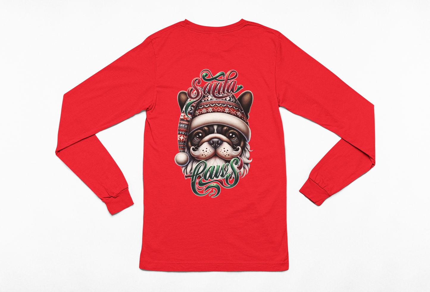 Santa Paws Long Sleeve Tee -Frenchie French Bulldog Design - 100% Cotton - USA Made - Holiday Party Favorites