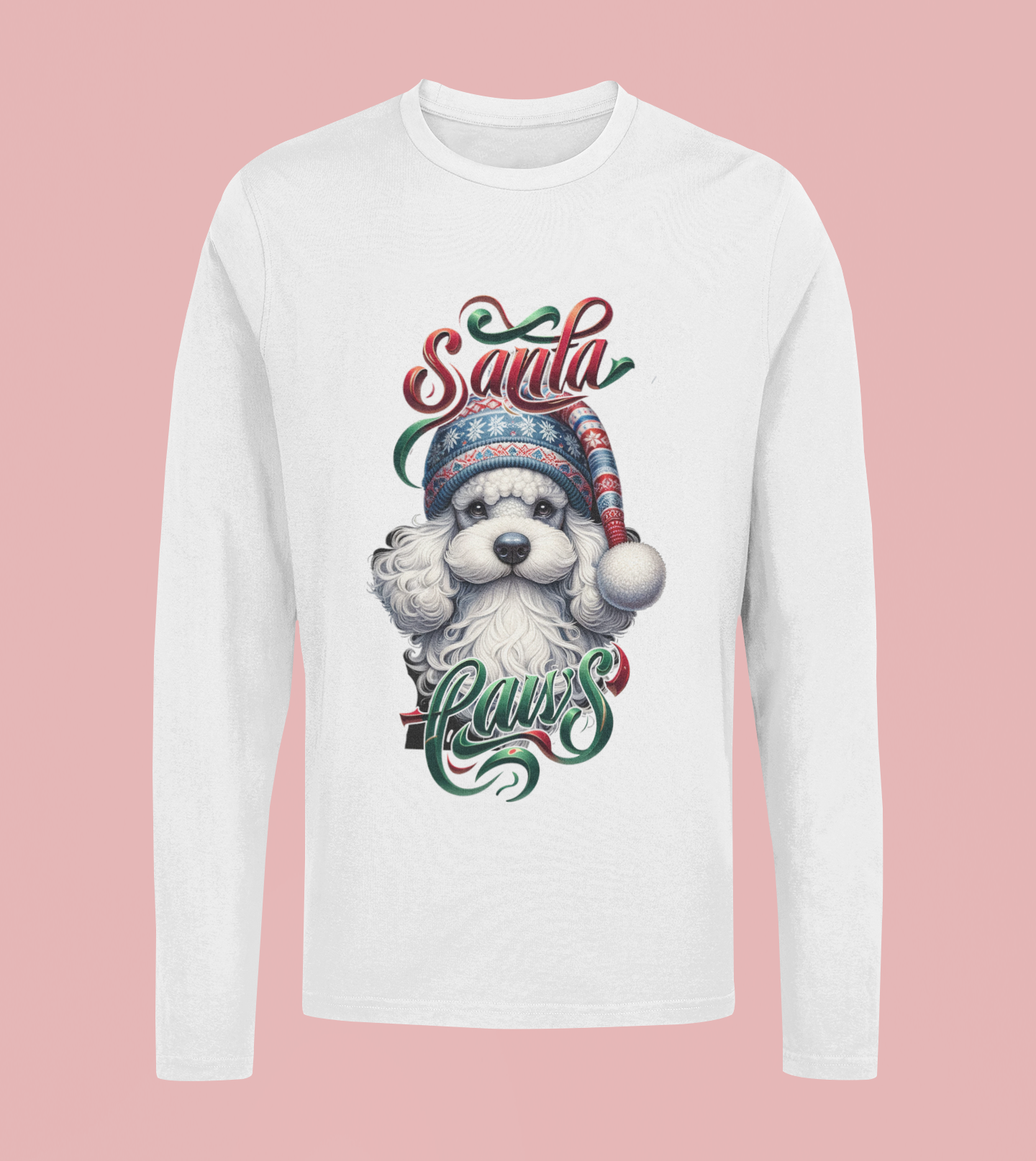 Santa Paws Long Sleeve Tee -Poodle Design - 100% Cotton - USA Made - Holiday Party Favorites