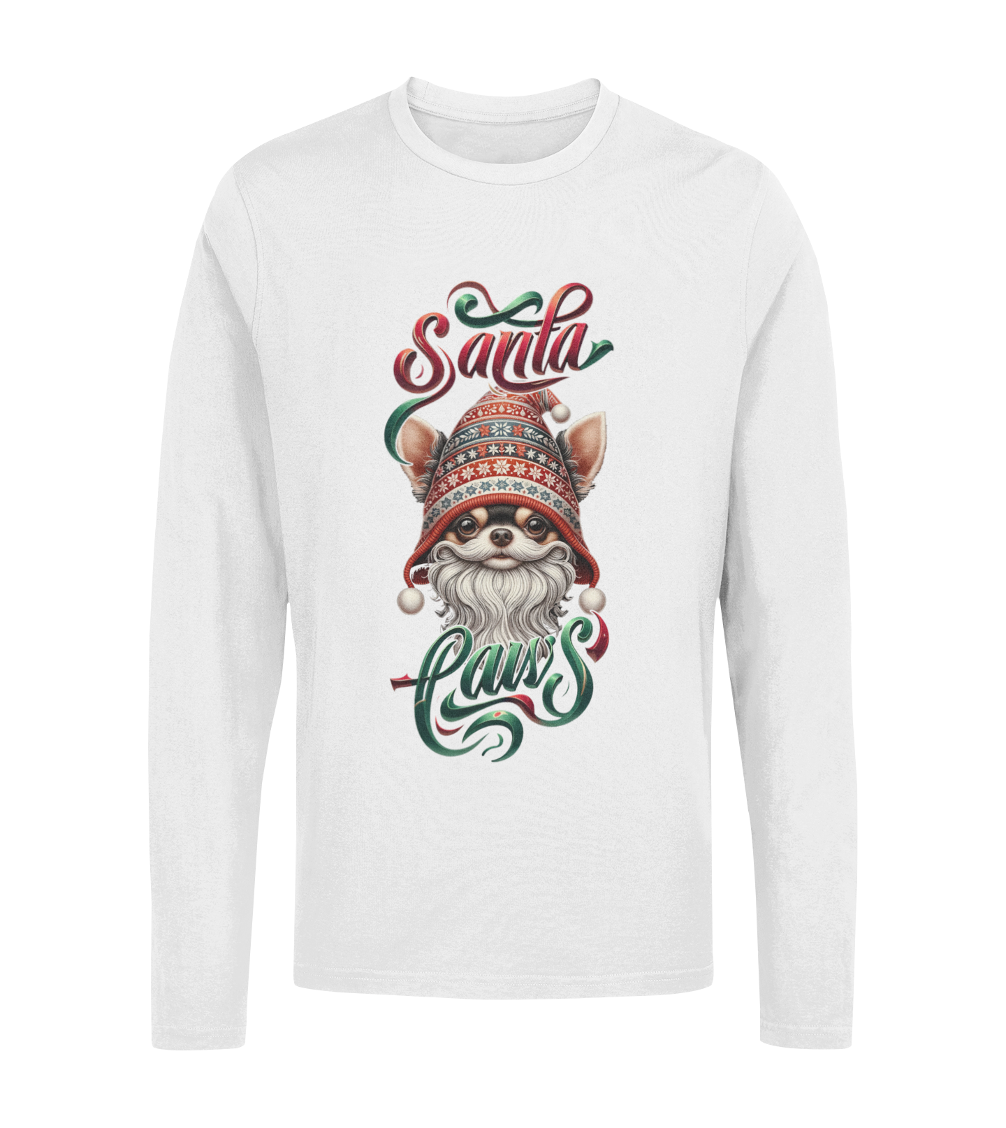 Santa Paws Long Sleeve Tee -Chihuahua Design - 100% Cotton - USA Made - Holiday Party Favorites