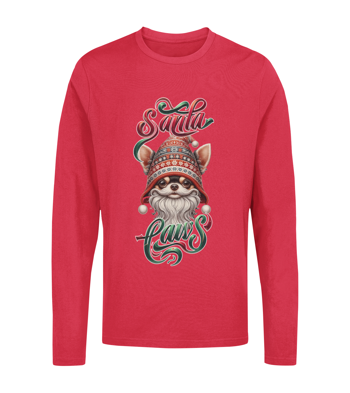Santa Paws Long Sleeve Tee -Chihuahua Design - 100% Cotton - USA Made - Holiday Party Favorites
