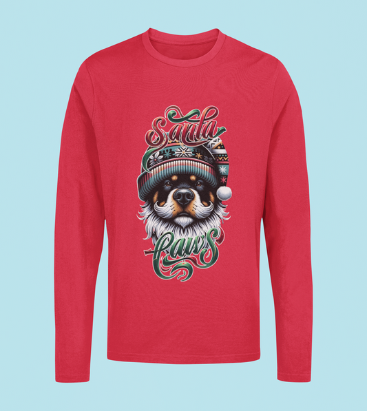 Santa Paws Long Sleeve Tee -Rottweiler Design - 100% Cotton - USA Made - Holiday Party Favorites