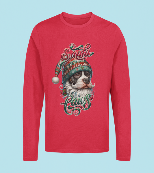 Santa Paws Long Sleeve Tee -Pit Bull BullyDesign - 100% Cotton - USA Made - Holiday Party Favorites