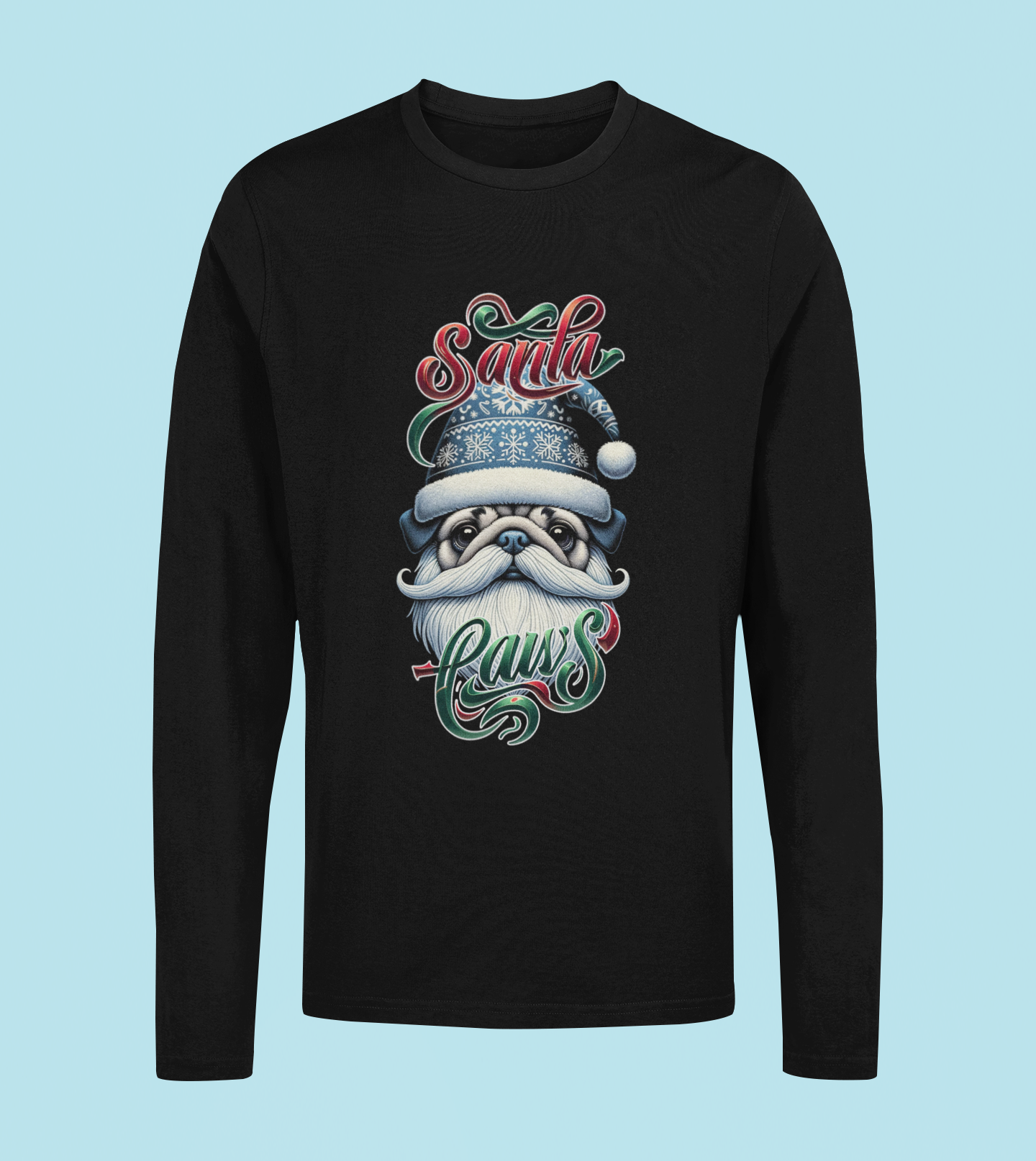 Santa Paws Long Sleeve Tee -Pug Design - 100% Cotton - USA Made - Holiday Party Favorites