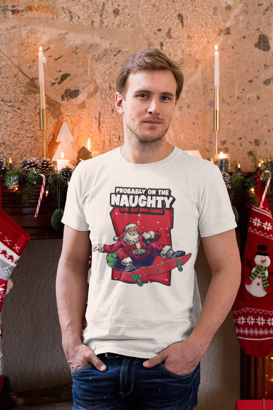 Probably on the Naughty List but who cares Christmas santa riding skateboard holiday t shirt