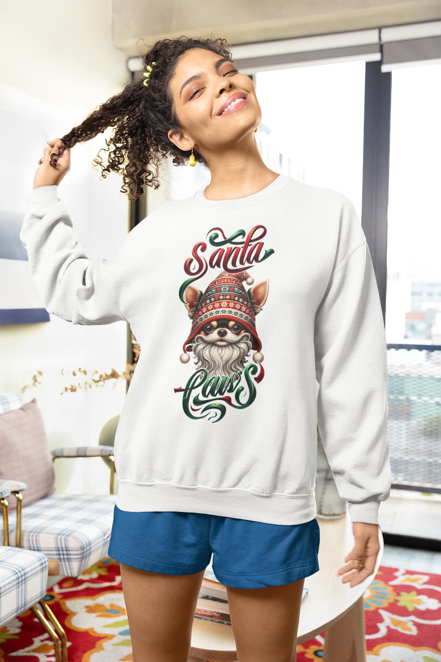 Santa Paws Long Sleeve Tee -Chihuahua Design - 100% Cotton - USA Made - Holiday Party Favorites