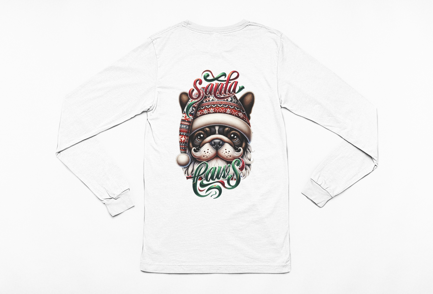 Santa Paws Long Sleeve Tee -Frenchie French Bulldog Design - 100% Cotton - USA Made - Holiday Party Favorites