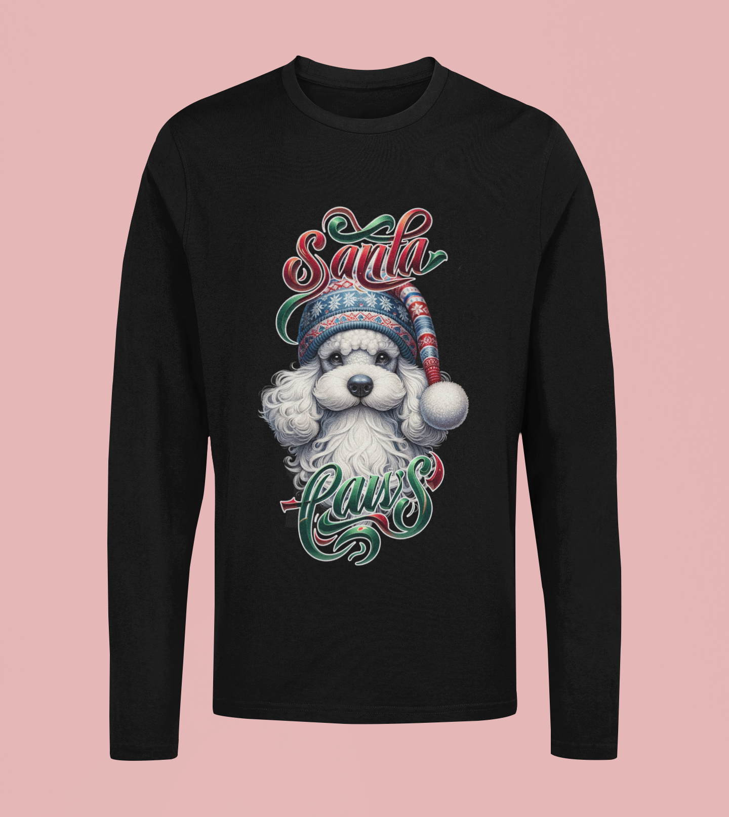 Santa Paws Long Sleeve Tee -Poodle Design - 100% Cotton - USA Made - Holiday Party Favorites