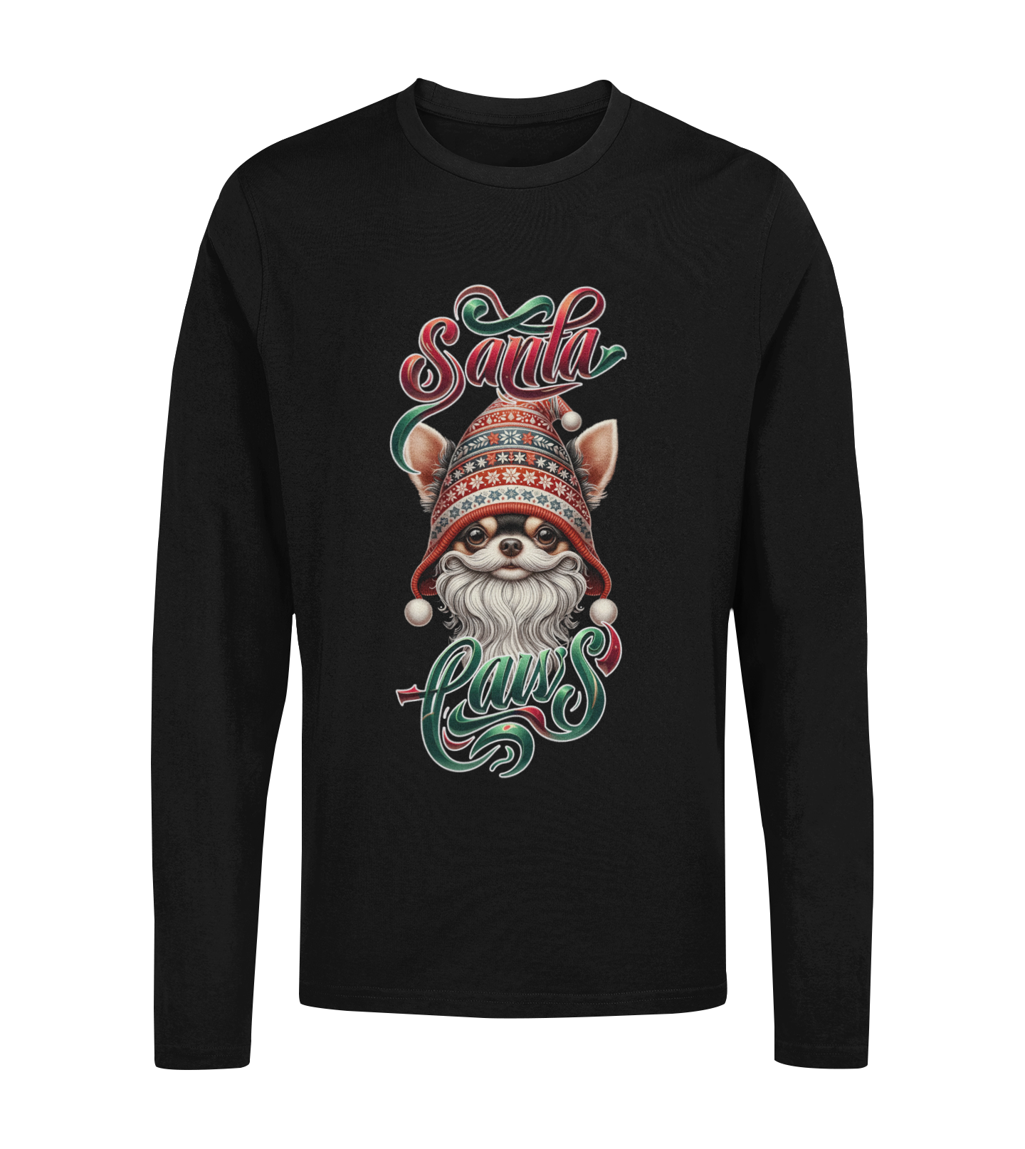 Santa Paws Long Sleeve Tee -Chihuahua Design - 100% Cotton - USA Made - Holiday Party Favorites