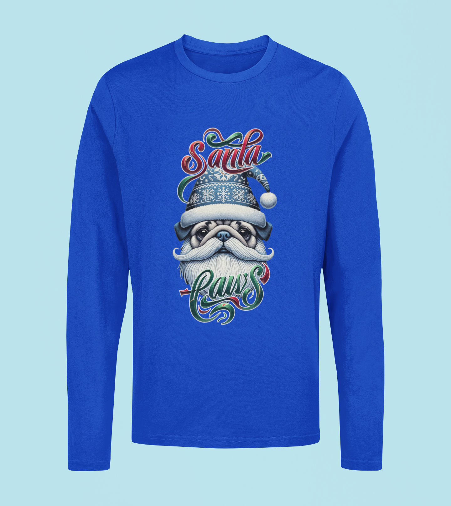 Santa Paws Long Sleeve Tee -Pug Design - 100% Cotton - USA Made - Holiday Party Favorites