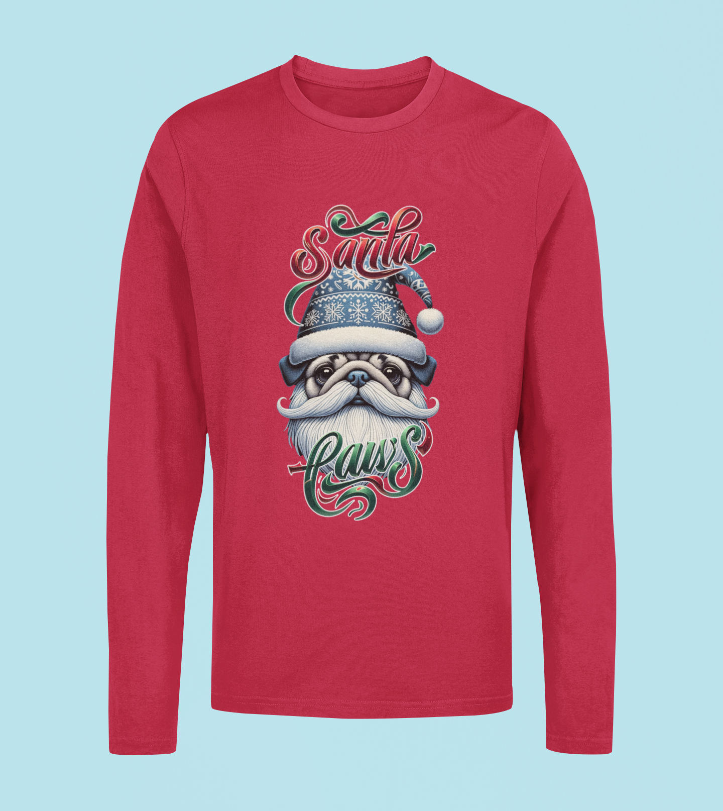 Santa Paws Long Sleeve Tee -Pug Design - 100% Cotton - USA Made - Holiday Party Favorites