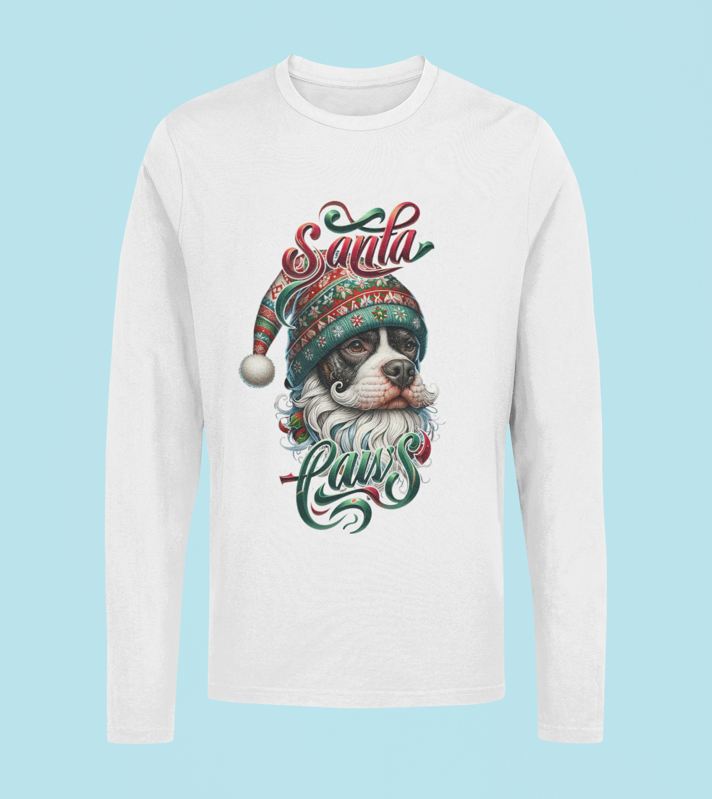 Santa Paws Long Sleeve Tee -Pit Bull BullyDesign - 100% Cotton - USA Made - Holiday Party Favorites