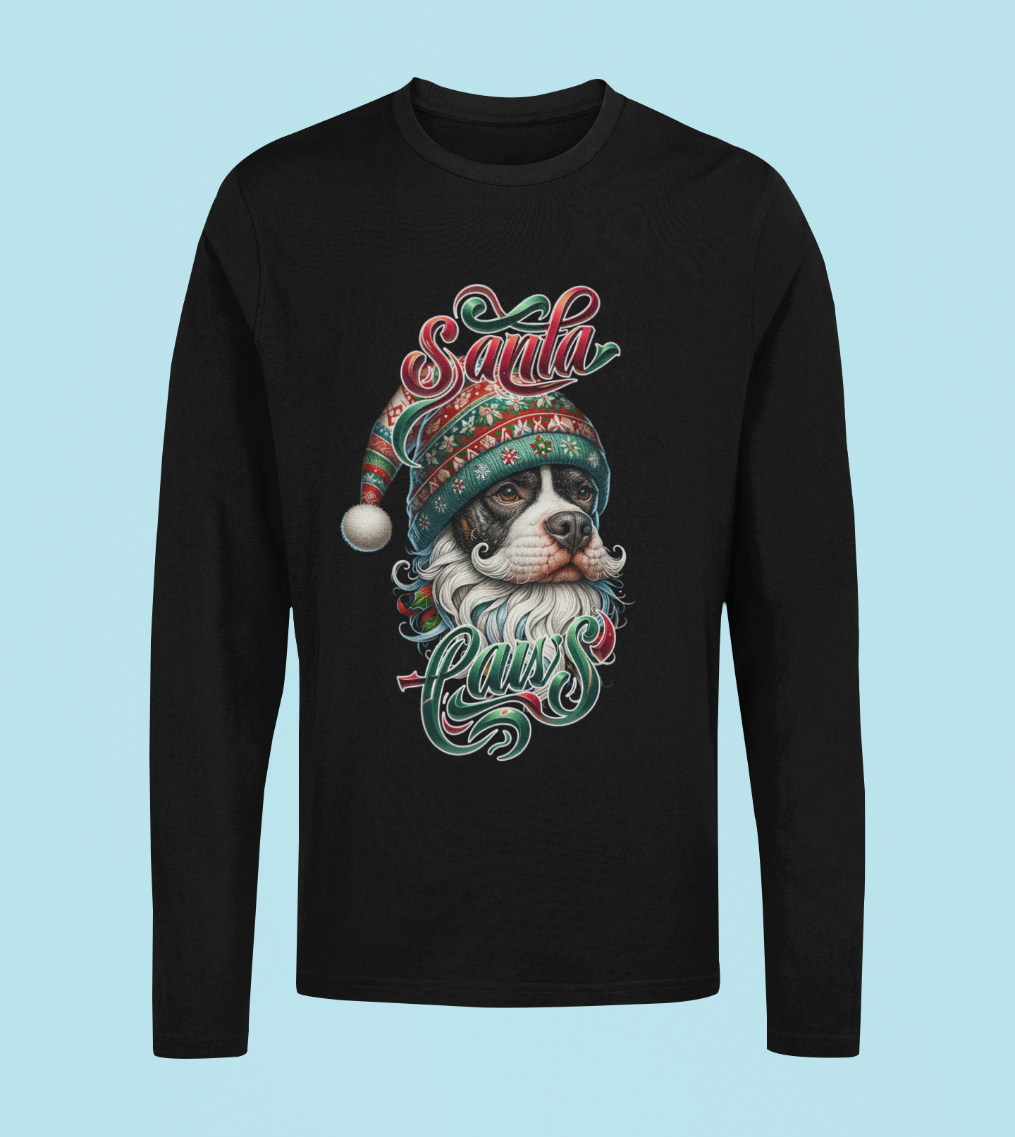 Santa Paws Long Sleeve Tee -Pit Bull BullyDesign - 100% Cotton - USA Made - Holiday Party Favorites