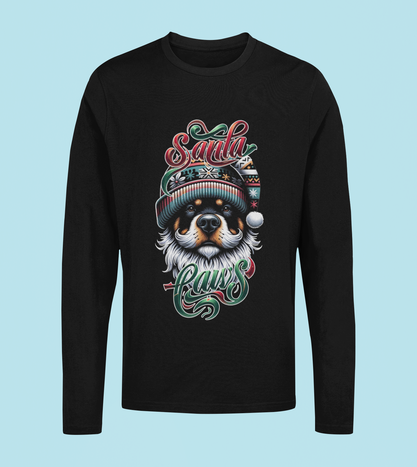 Santa Paws Long Sleeve Tee -Rottweiler Design - 100% Cotton - USA Made - Holiday Party Favorites