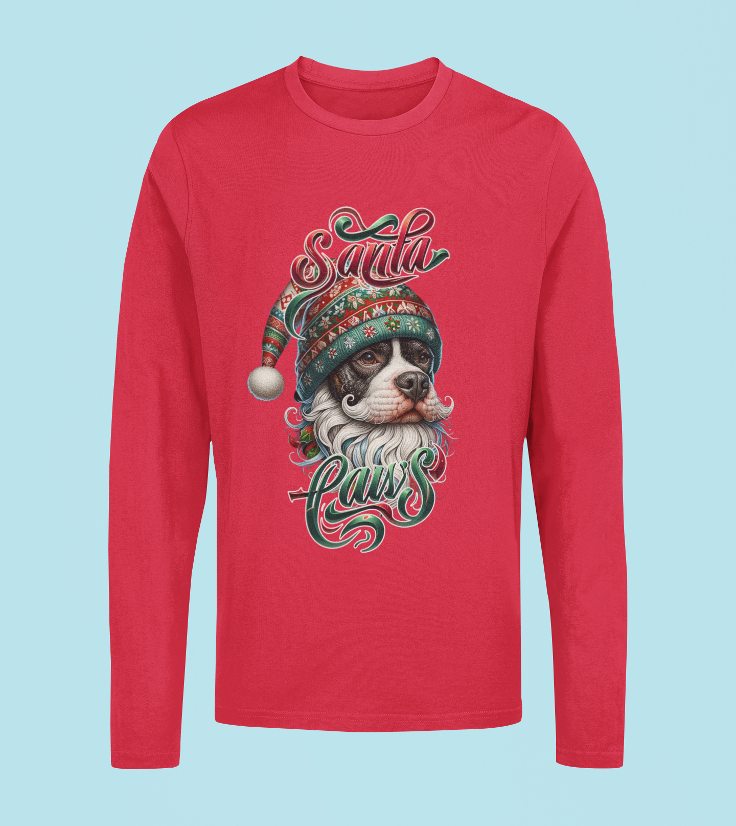 Santa Paws Long Sleeve Tee -Pit Bull BullyDesign - 100% Cotton - USA Made - Holiday Party Favorites