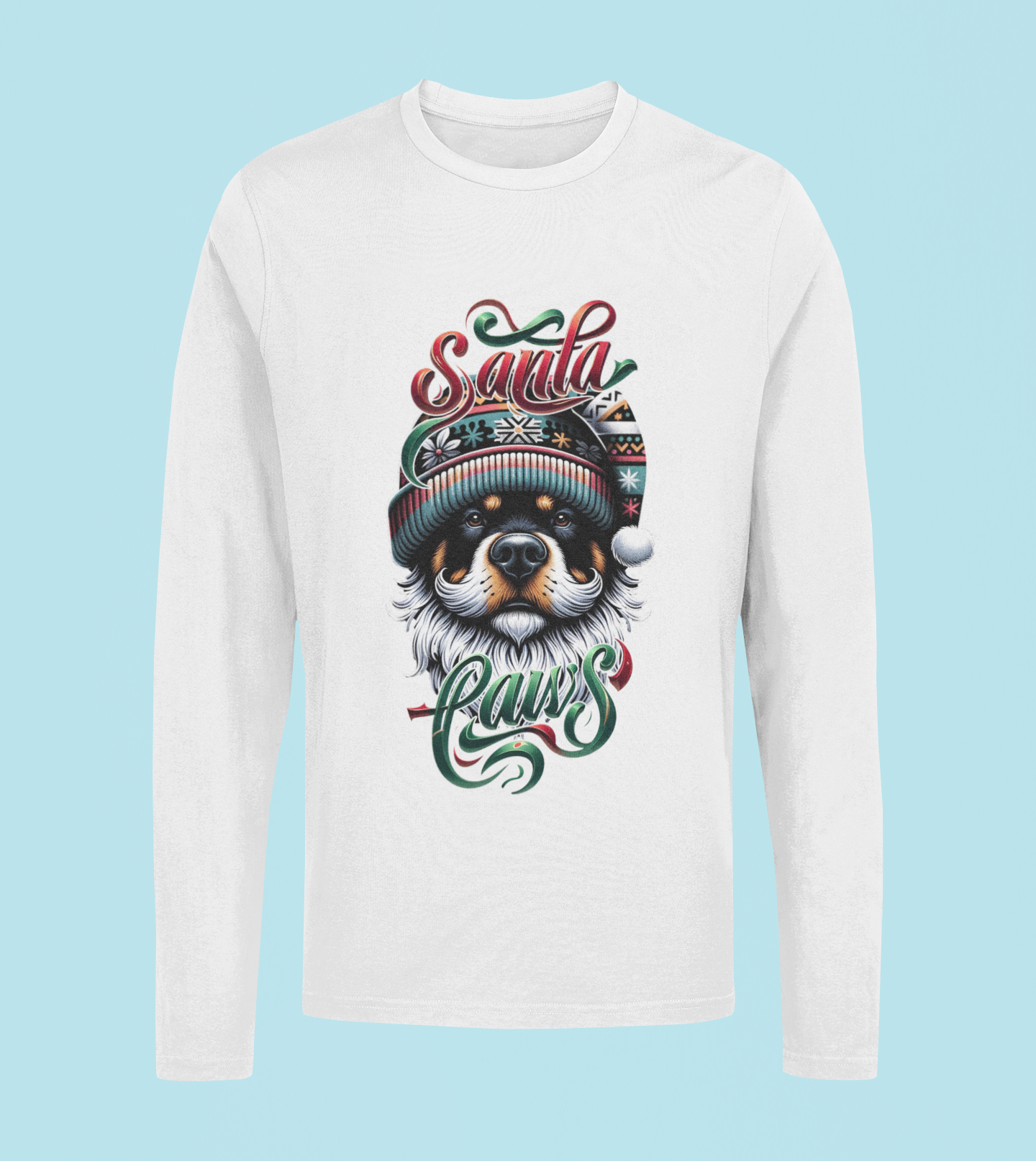 Santa Paws Long Sleeve Tee -Rottweiler Design - 100% Cotton - USA Made - Holiday Party Favorites