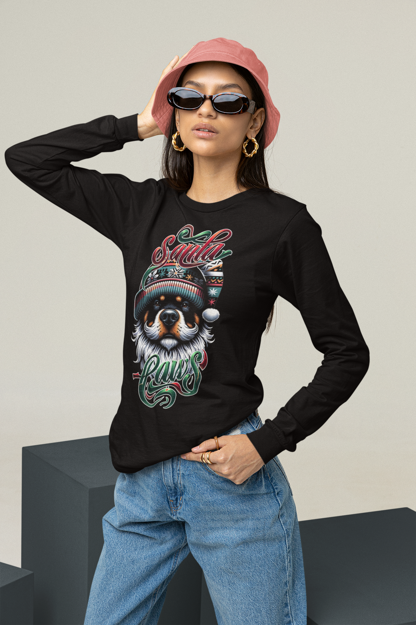 Santa Paws Long Sleeve Tee -Rottweiler Design - 100% Cotton - USA Made - Holiday Party Favorites